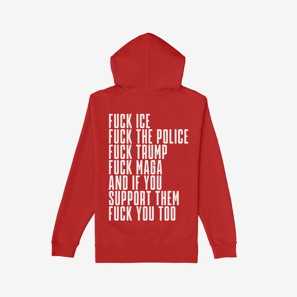 The Fuck 'Em All Back Print Shirt features bold protest statements against ICE, police, and MAGA, designed for impactful resistance with a unisex fit, supporting ACLU donations.