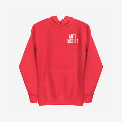 Fuck 'Em All Back Print Hoodie & Sweatshirt featuring “ANTI FASCIST” in bold white letters on chest, with a drawstring hood and front pocket. Ideal for those opposing fascism and supporting equality.