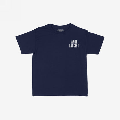 Fuck 'Em All Back Print T-shirt featuring ANTI FASCIST in white on the front, designed for vocal protest and public statement. Perfect for advocating against fascism and supporting equality.
