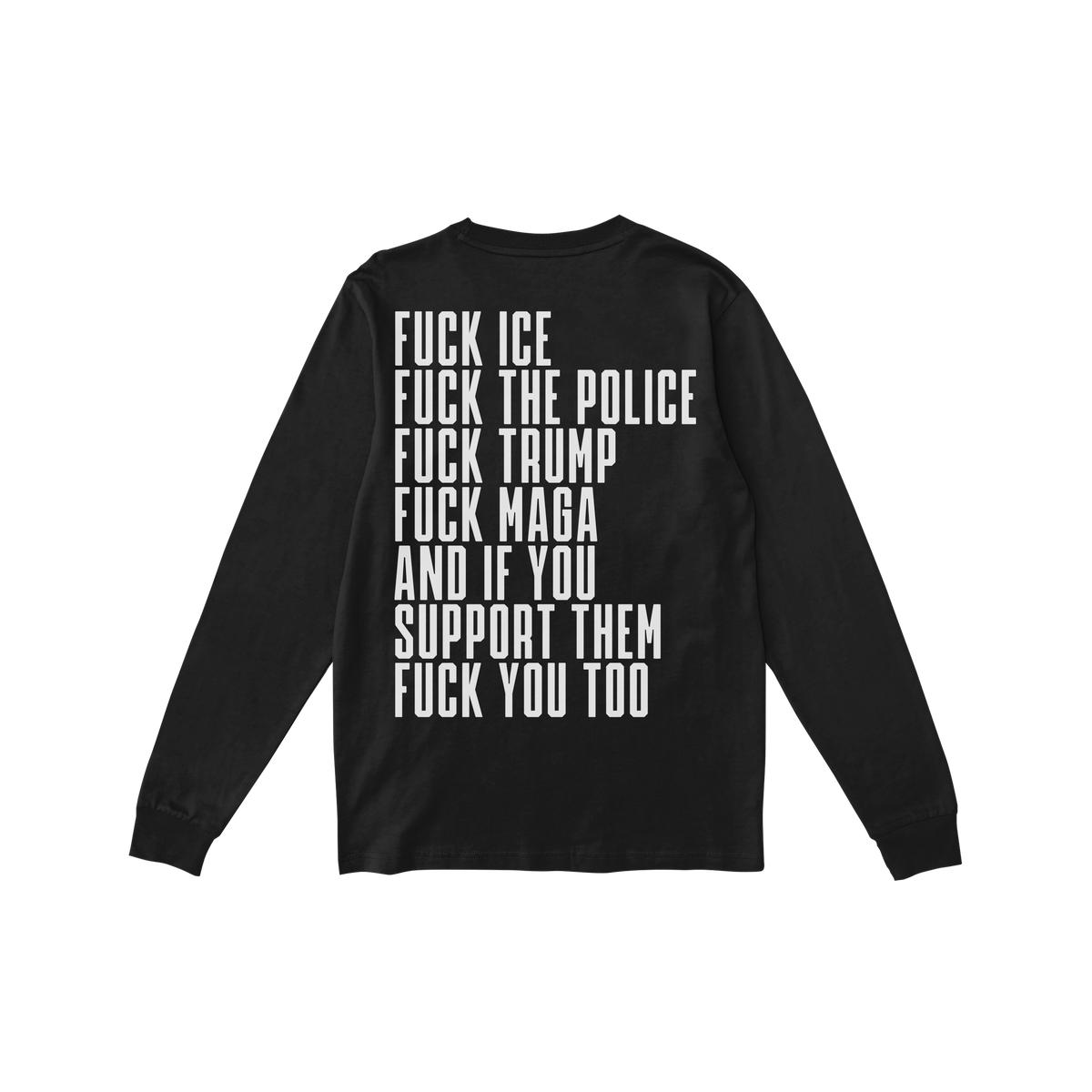 Fuck 'Em All Back Print Shirt featuring bold anti-fascist statements in large white letters on the back. Unisex and ethically