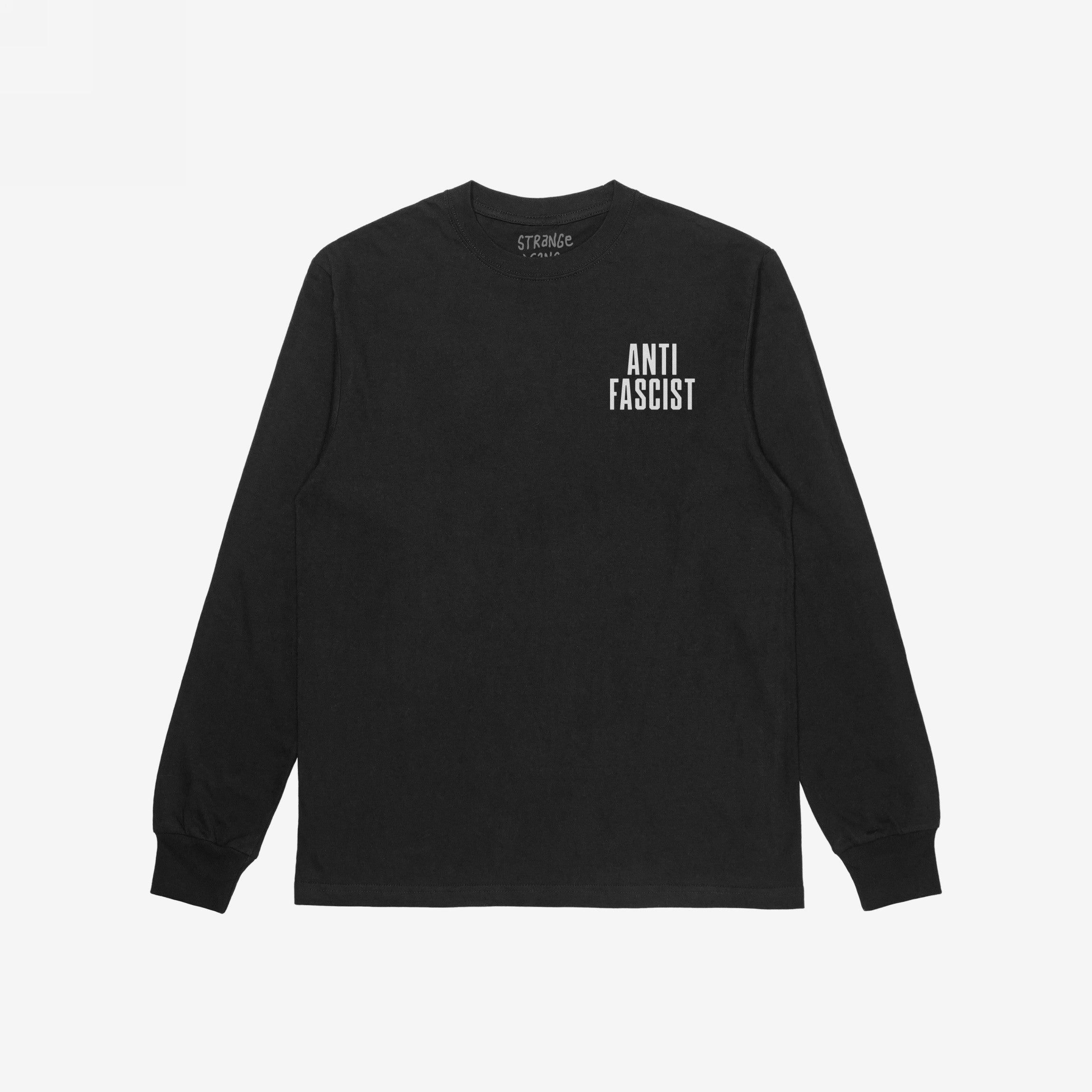 Fuck 'Em All Back Print Shirt featuring ANTI FASCIST in white on the front left chest; unisex, ethically printed for protest-ready impact.