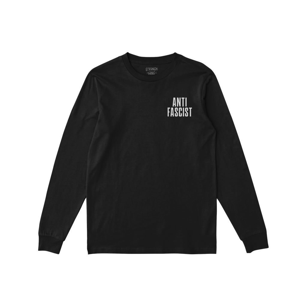 Fuck 'Em All Back Print Shirt featuring ANTI FASCIST in white on the front left chest; unisex, ethically printed for protest-