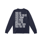 Navy-blue Fuck 'Em All Back Print Shirt displaying bold protest messages against ICE, police, Trump, and MAGA, emphasizing re