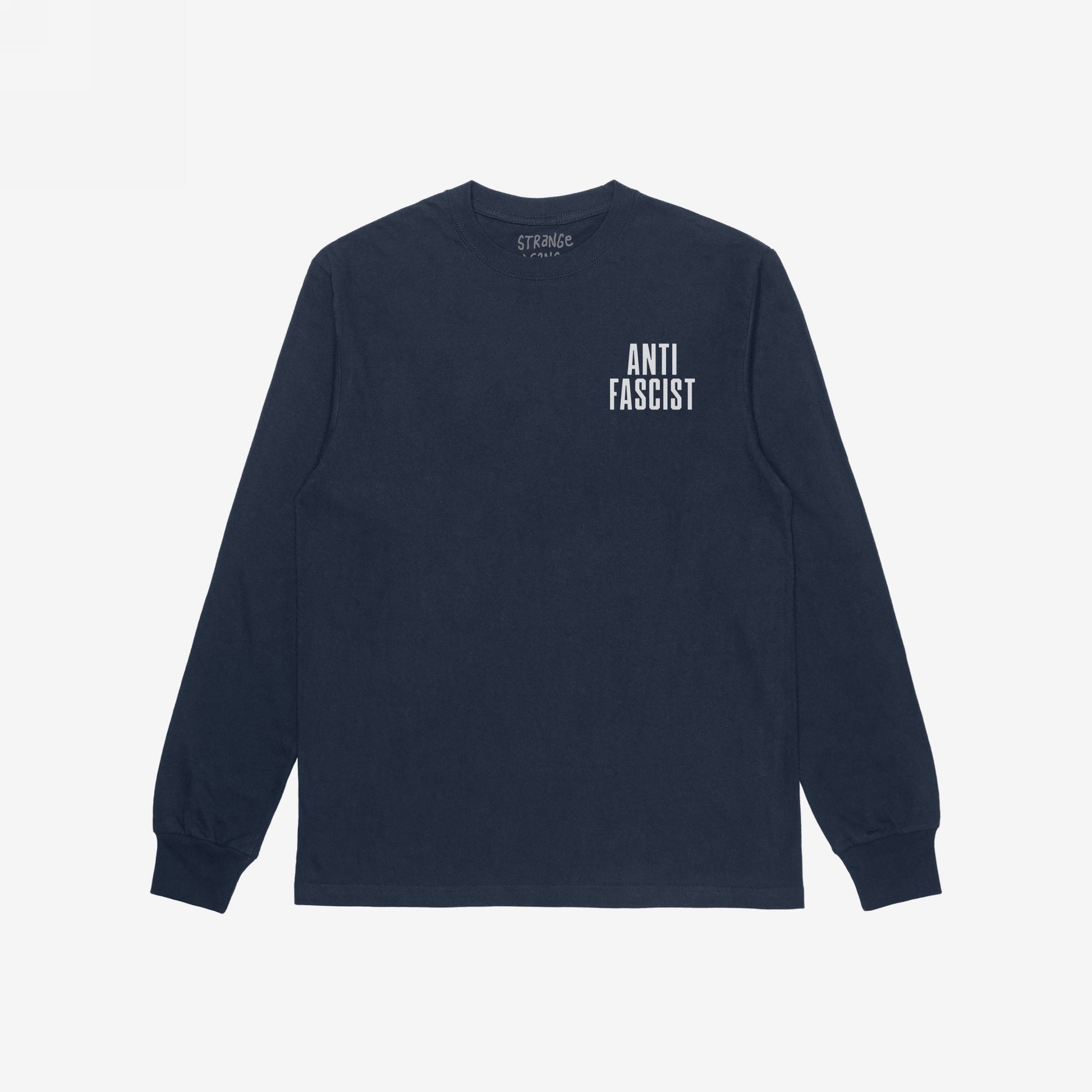 Navy-blue Fuck 'Em All Back Print T-shirt featuring “ANTI FASCIST” on the front, designed for activism and resistance. Suitable for protests, this long-sleeve shirt embodies anti-fascism and supports equality.