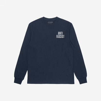 Navy-blue Fuck 'Em All Back Print T-shirt featuring “ANTI FASCIST” on the front, designed for activism and resistance. Suitable for protests, this long-sleeve shirt embodies anti-fascism and supports equality.