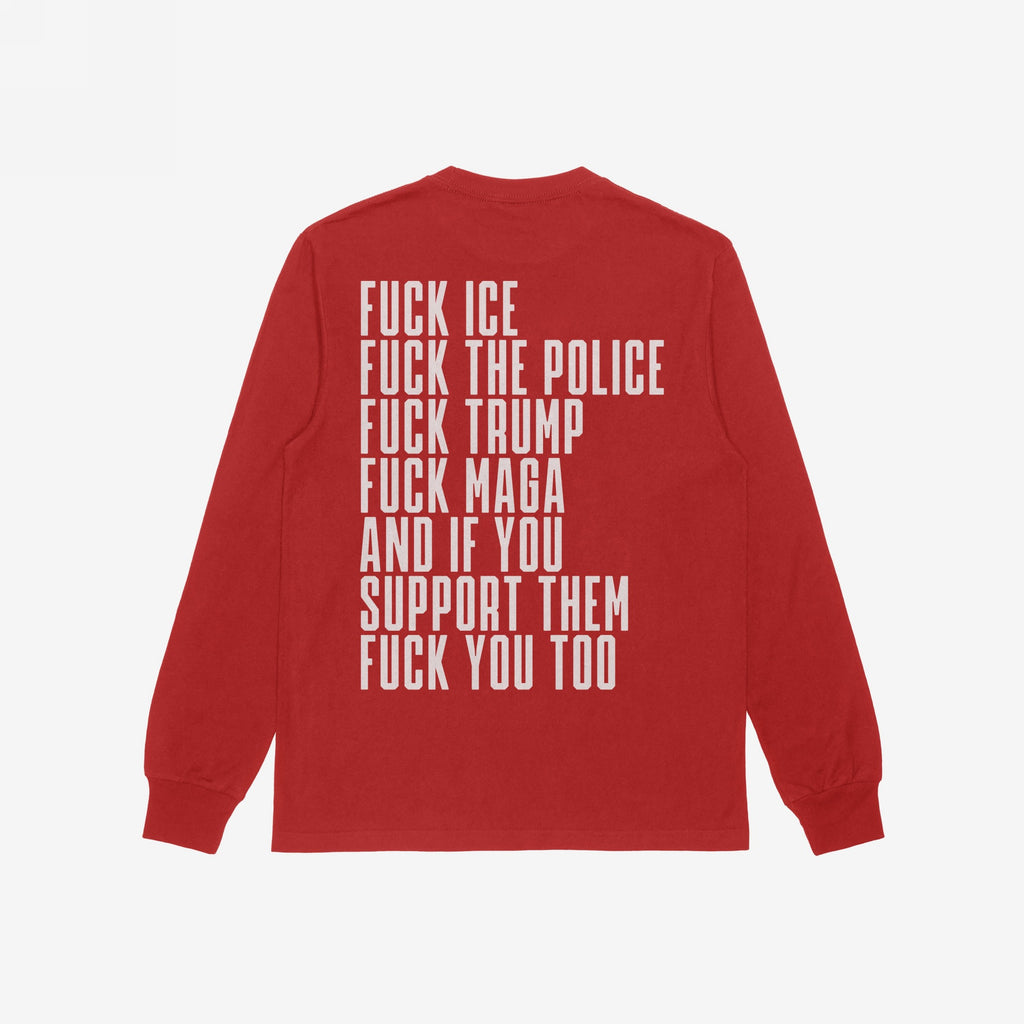 Fuck 'Em All Back Print Shirt features bold white block letters with political statements on the back, advocating resistance and equality. Unisex fit, ethically printed, designed for impactful protest.