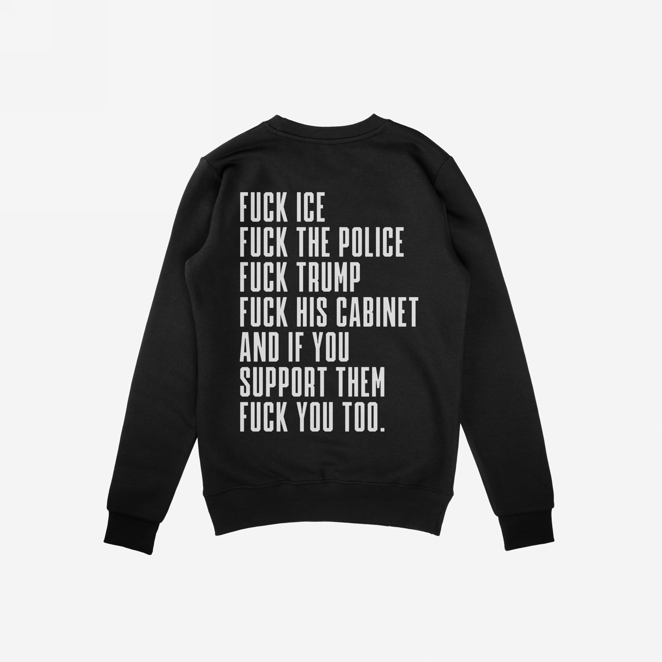 Back view of the Fuck 'Em All Back Print Shirt showcasing a bold protest message against ICE, police, Trump, and his cabinet. Designed for impact, it embodies resistance and supports ACLU donations.