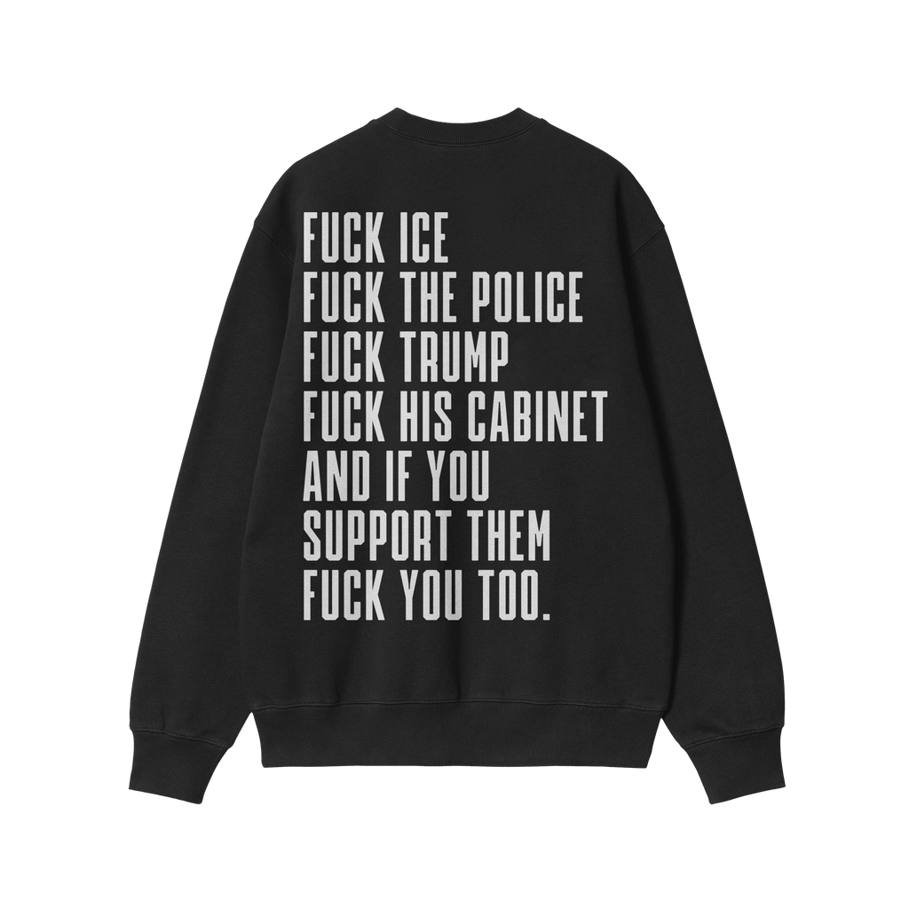 Back view of the Fuck 'Em All Back Print Shirt showcasing a bold protest message against ICE, police, Trump, and his cabinet.