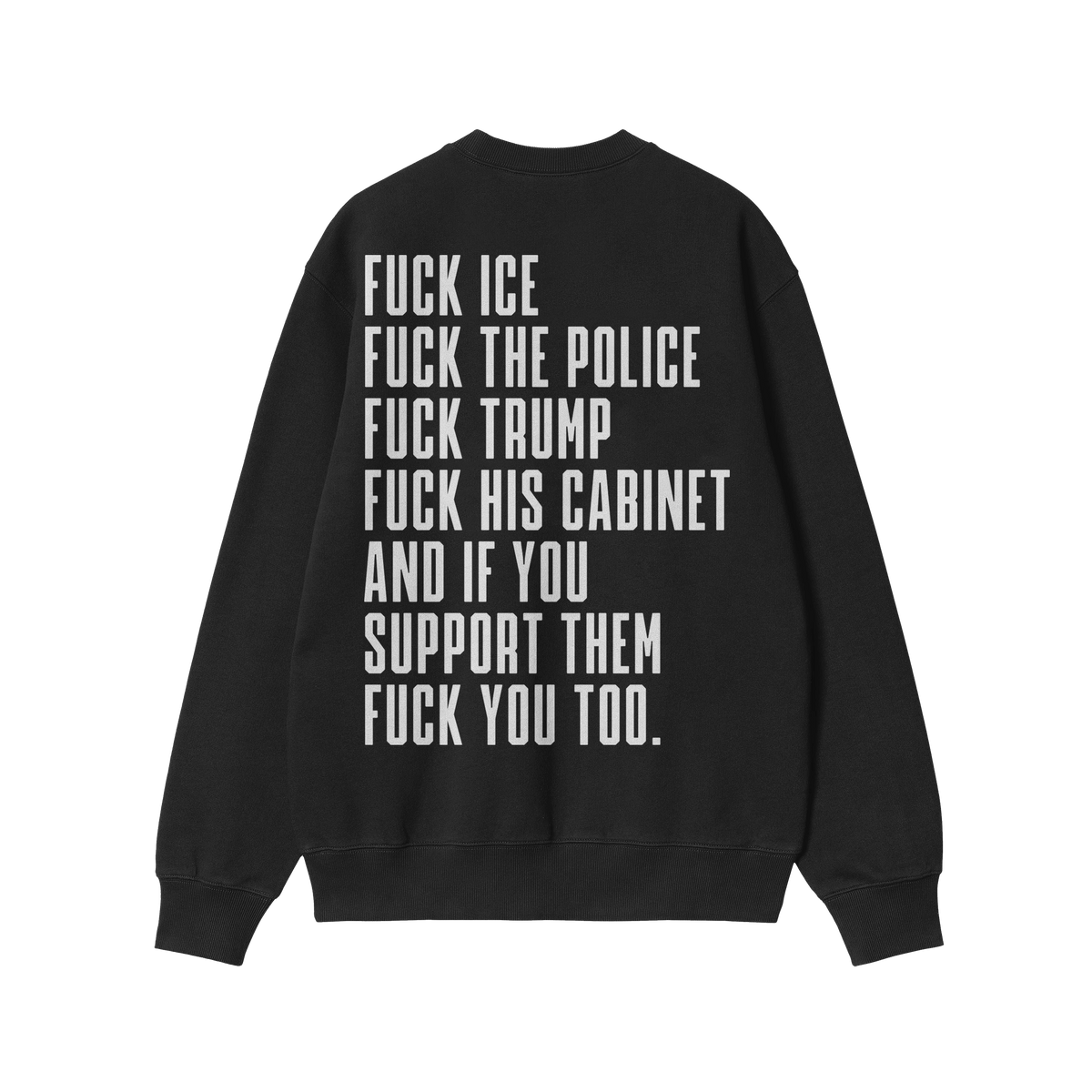 Back view of the Fuck 'Em All Back Print Shirt showcasing a bold protest message against ICE, police, Trump, and his cabinet.