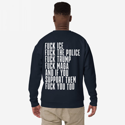 Person seen from behind wearing the Fuck 'Em All Back Print Hoodie & Sweatshirt with bold protest text against ICE, police, Trump, and MAGA. A powerful statement piece challenging fascism and oppression.