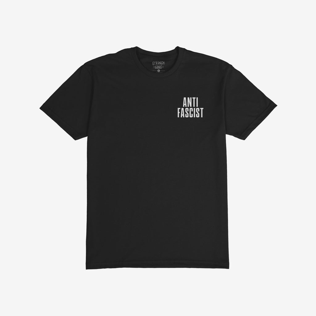 Fuck 'Em All Back Print Shirt with “ANTI FASCIST” on the front chest. Bold protest statement on the back, unisex fit, promoting resistance and equality. Ethically printed, supporting ACLU donations.
