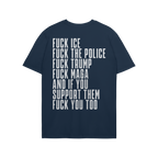 The Fuck 'Em All Back Print Shirt features bold white protest messages on the back, advocating resistance against ICE, police