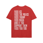 The Fuck 'Em All Back Print Shirt displays bold anti-establishment messages in large white letters, emphasizing resistance an