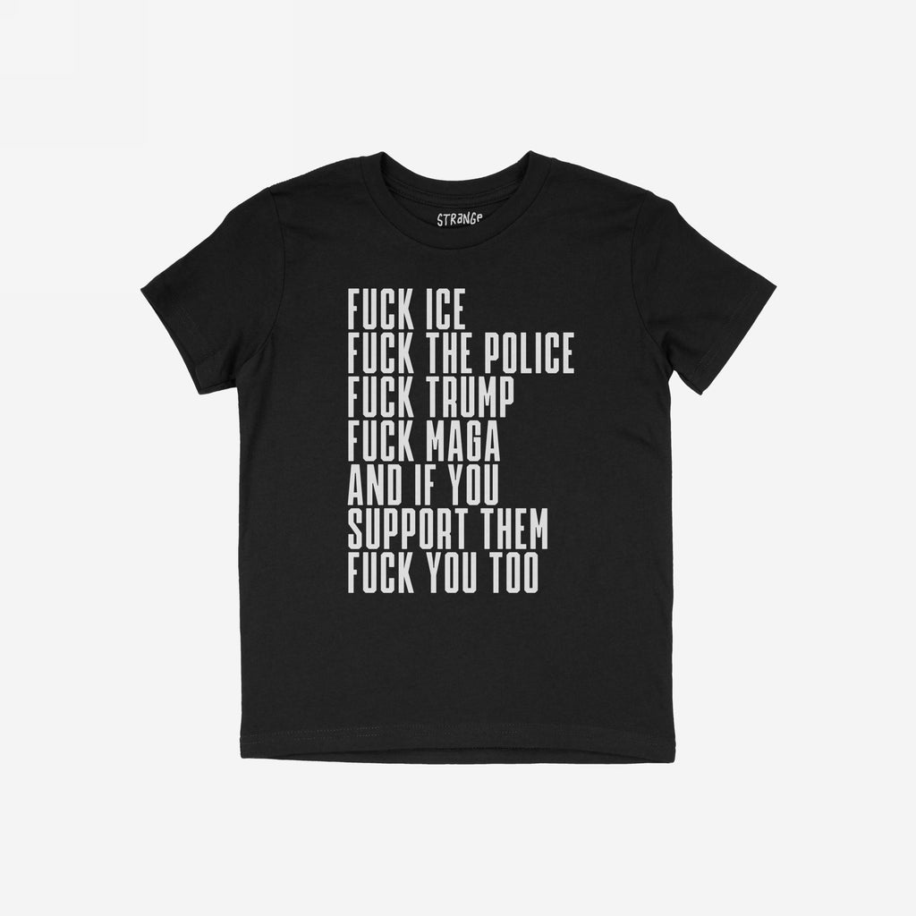 Black T-shirt titled Fuck 'Em All Shirt features bold, white text expressing anti-fascist sentiments against ICE, police, Trump, and MAGA. Ethically printed, unisex fit, protest-ready, supporting ACLU.
