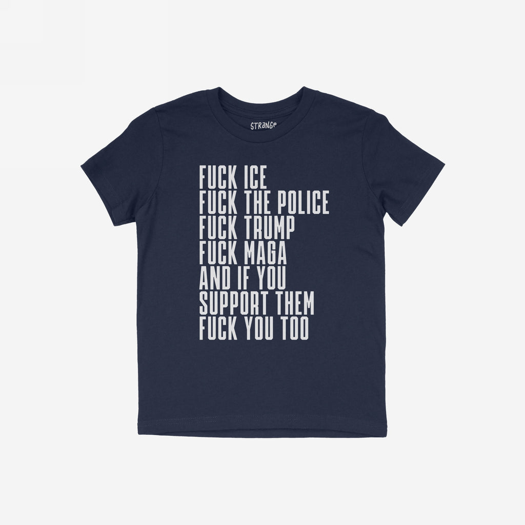 Fuck 'Em All Shirt with bold white protest text, conveying anti-fascist, anti-racist, and pro-equality messages. Ethically printed, unisex fit, suitable for marches or outspoken personal statements.