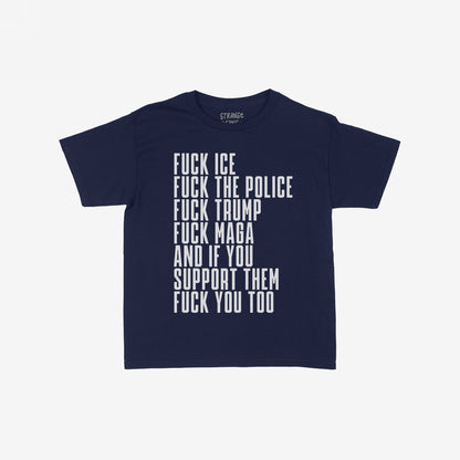 The Fuck 'Em All T-shirt boldly displays anti-authoritarian statements in stacked white text, directly challenging oppressive systems with messages like FUCK ICE and FUCK TRUMP, aligning with advocacy for equality.
