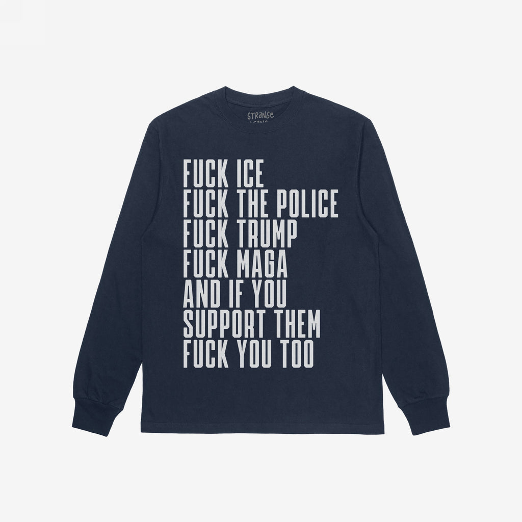 The Fuck 'Em All Shirt boldly displays anti-fascist statements in white text, challenging ICE, police, Trump, MAGA, and supporters, aligning with the ethos of standing up for equality and justice.