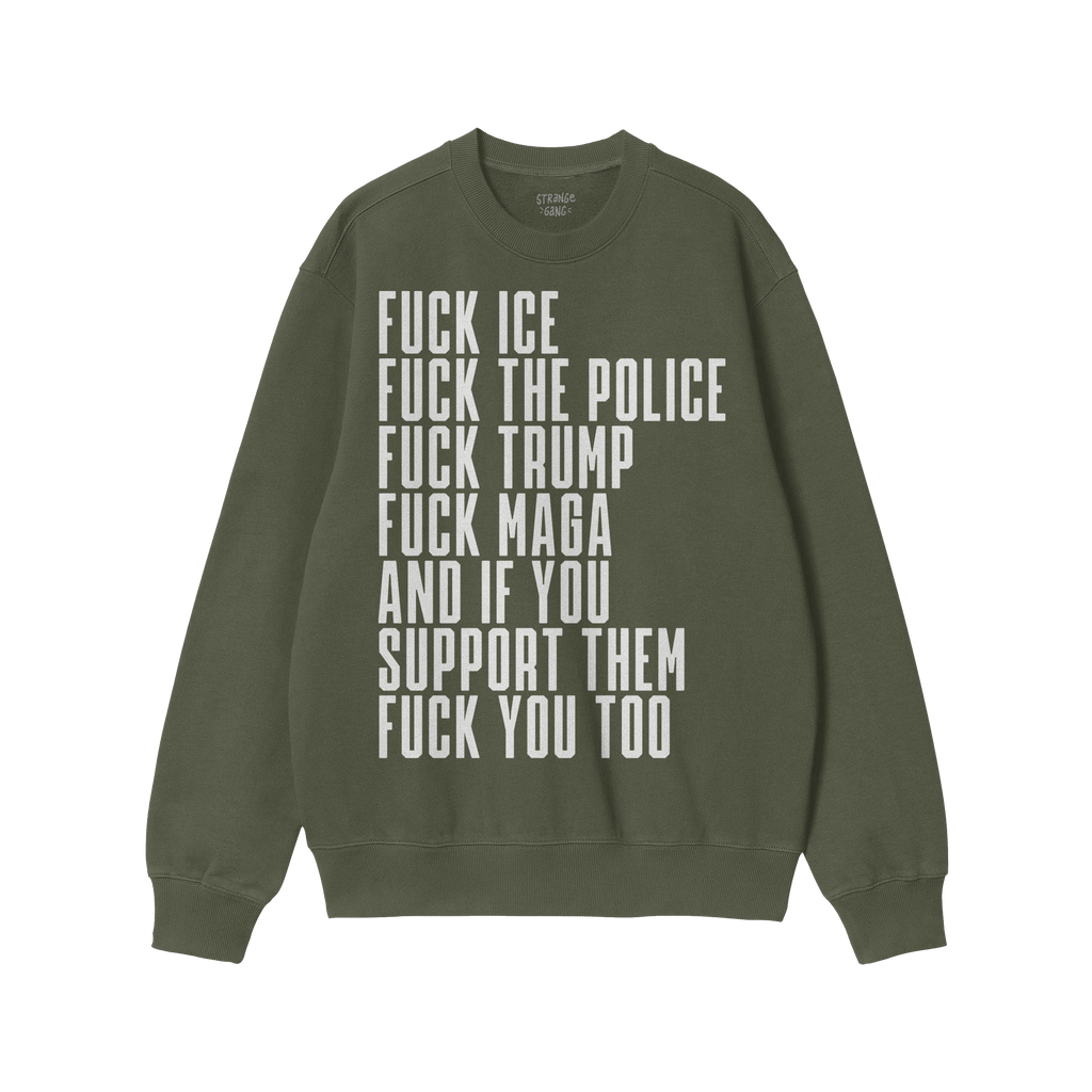 Fuck 'Em All Shirt featuring bold white text expressing anti-fascist, anti-police sentiment on a red crew-neck sweatshirt, em