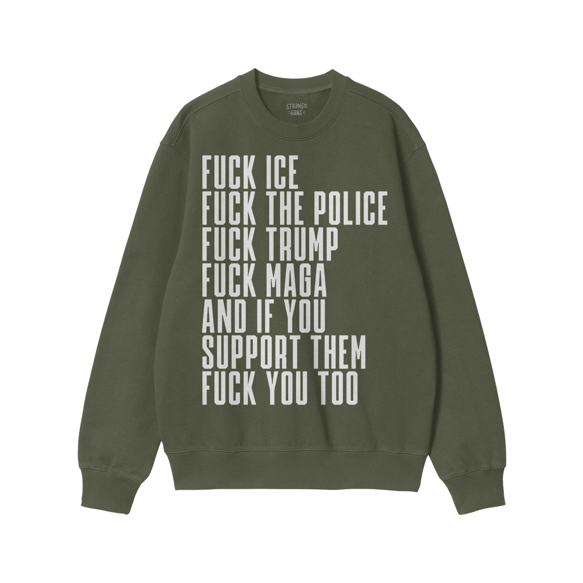 Fuck 'Em All Shirt featuring bold white text expressing anti-fascist, anti-police sentiment on a red crew-neck sweatshirt, em
