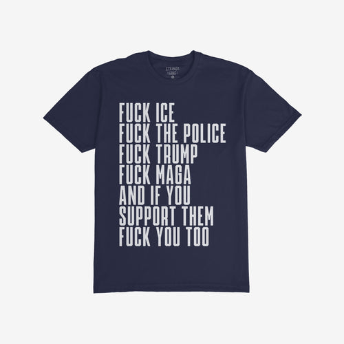 Fuck 'Em All Shirt with bold white text expressing anti-fascist and anti-authoritarian sentiments, ideal for protests. Unisex fit, ethically printed, supporting ACLU.