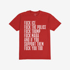 Fuck 'Em All Shirt featuring bold white text with anti-fascist statements, demanding justice and equality. Ethically printed, unisex design, perfect for protests or making a statement against injustice.