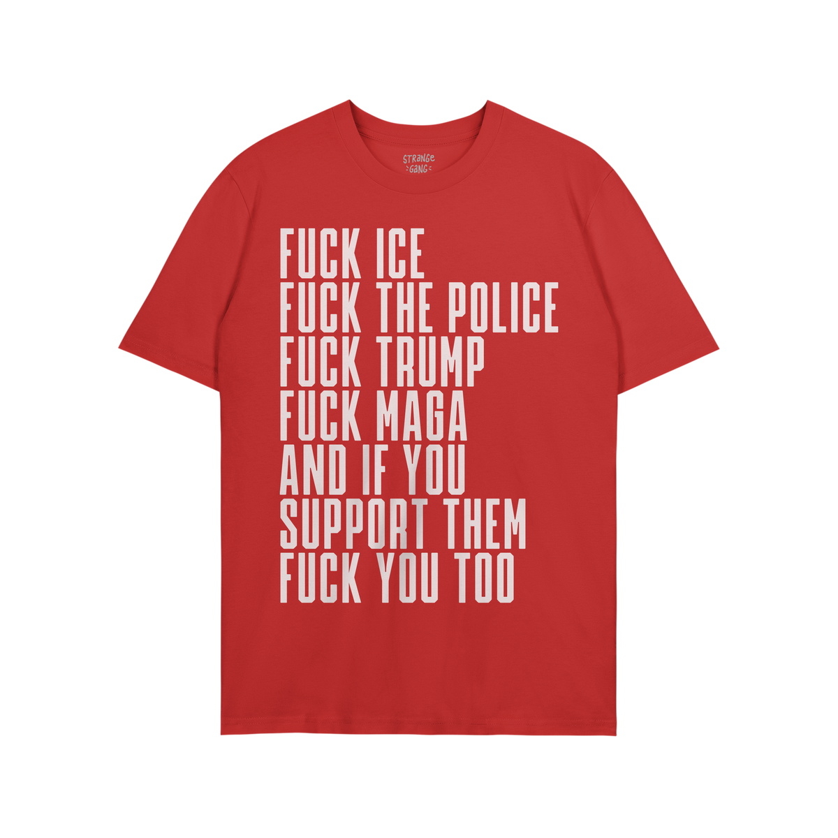Fuck 'Em All Shirt featuring bold white text with anti-fascist statements, demanding justice and equality. Ethically printed,