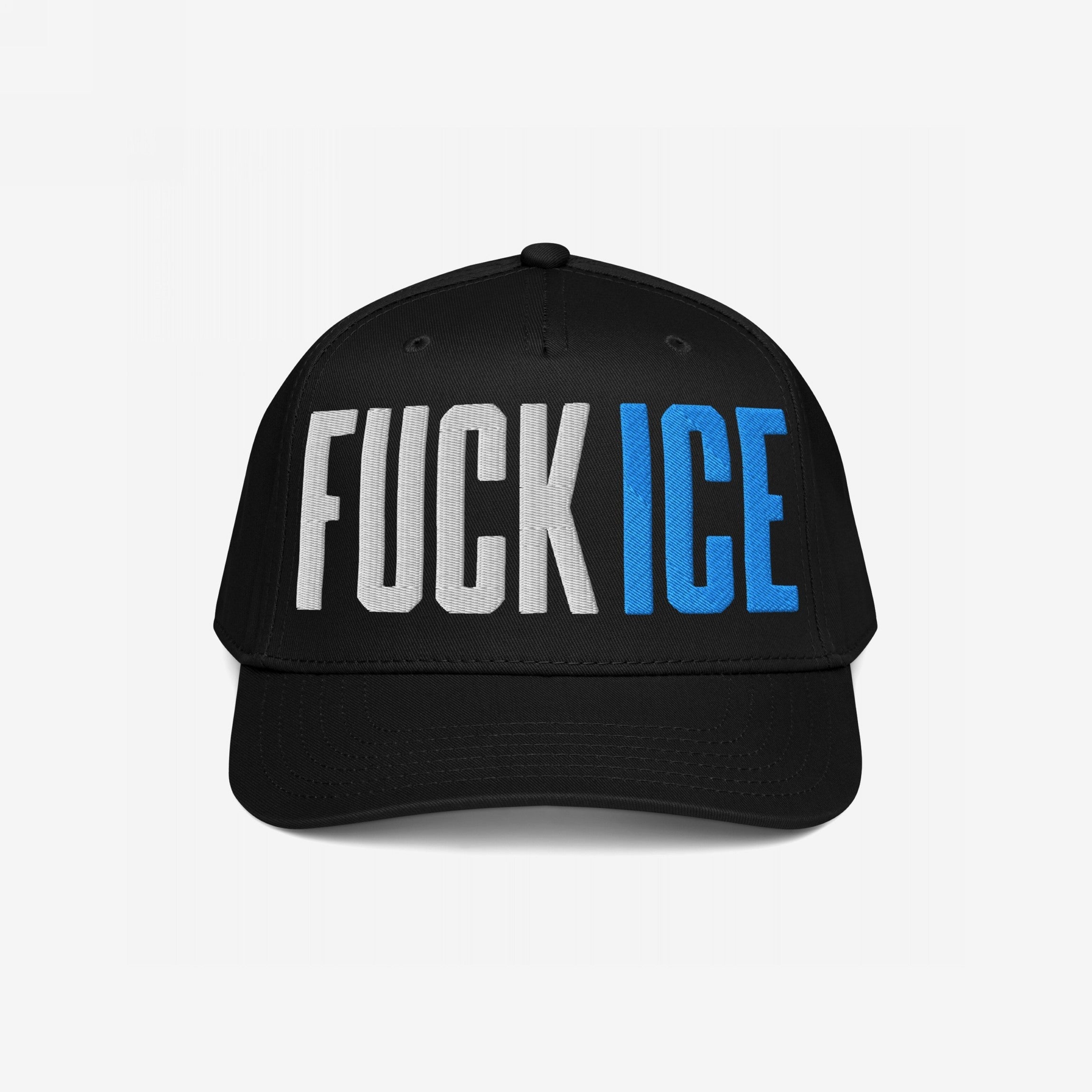 Black FUCK ICE hat with bold 3D puff embroidery; white FUCK and blue ICE on the front. Perfect for making a statement at rallies or everyday wear.