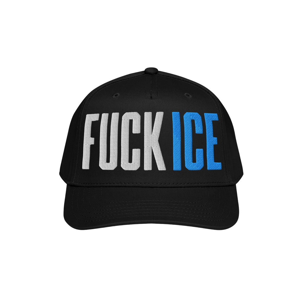 Black FUCK ICE hat with bold 3D puff embroidery; white FUCK and blue ICE on the front. Perfect for making a statement at rall