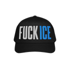 Black FUCK ICE hat with bold 3D puff embroidery; white FUCK and blue ICE on the front. Perfect for making a statement at rall