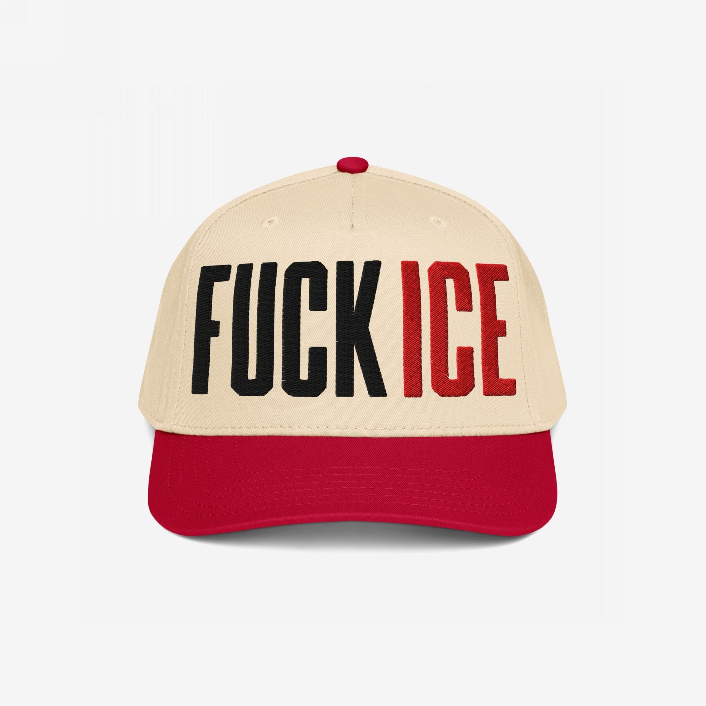 Two-tone Fuck ICE Hat: beige crown, red brim, with bold FUCK ICE embroidery. Ideal for standing up for values, available in various styles, symbolizing defiance and activism.