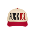 Two-tone Fuck ICE Hat: beige crown, red brim, with bold FUCK ICE embroidery. Ideal for standing up for values, available in v