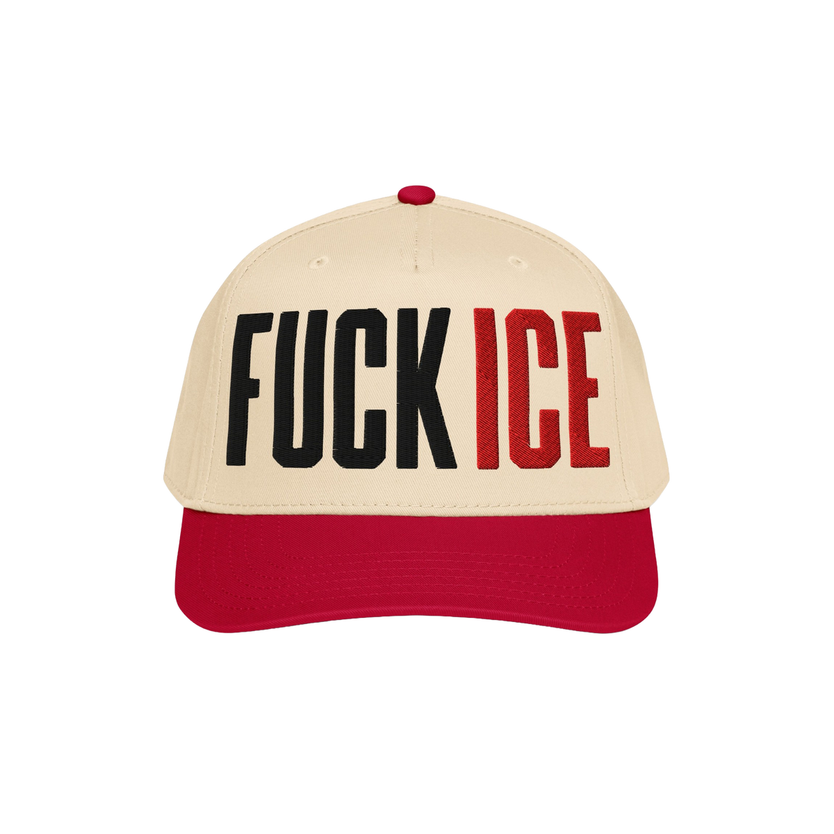 Two-tone Fuck ICE Hat: beige crown, red brim, with bold FUCK ICE embroidery. Ideal for standing up for values, available in v
