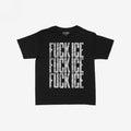 Black T-shirt featuring bold, distressed white lettering FUCK ICE stacked vertically three times, embodying an unapologetic stance, perfect for those who embrace activism and strong statements.