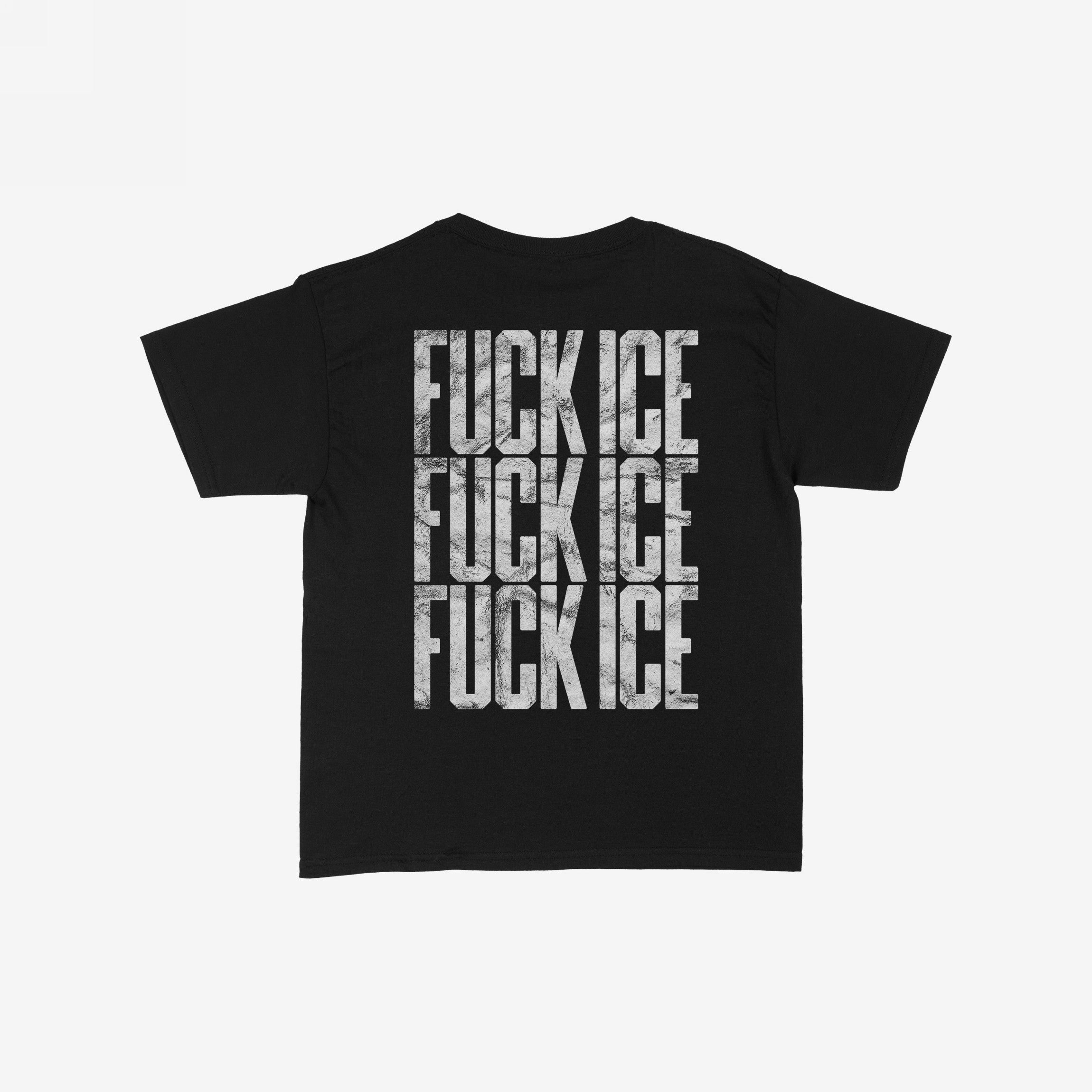 Back view of the FUCK ICE Women's Baby Tee featuring stacked, distressed white letters on black fabric, embodying a bold, unapologetic statement in a retro, worn-in style.
