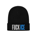 Black knit beanie with a folded cuff featuring FUCK ICE in bold, 3D puff embroidery—white for FUCK and bright blue for ICE.