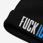 Black rib-knit beanie featuring FUCK ICE in bold 3D puff embroidery, reflecting a stance against injustice. Ideal for colder months, it complements activism with style.