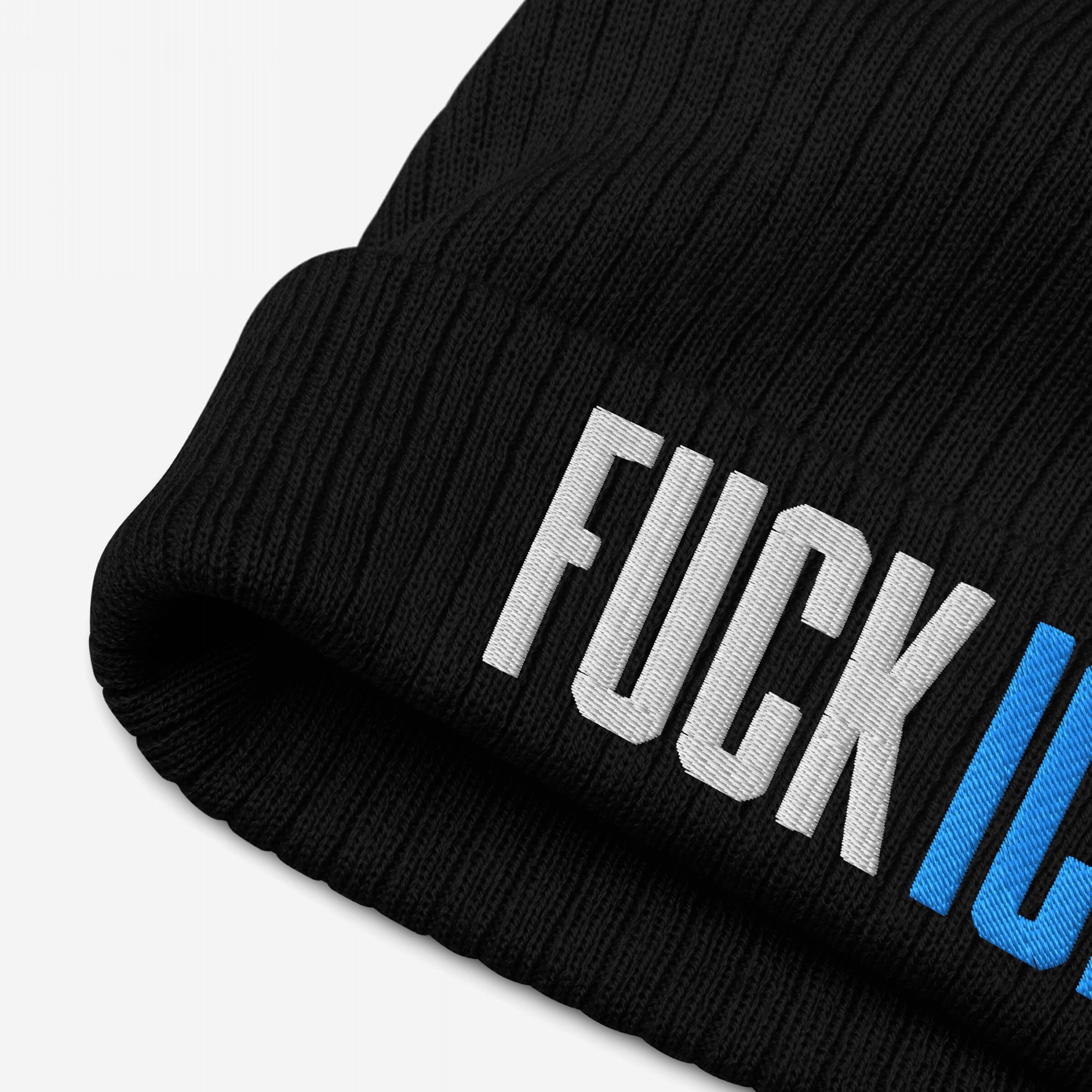 Black rib-knit beanie featuring FUCK ICE in bold 3D puff embroidery, reflecting a stance against injustice. Ideal for colder months, it complements activism with style.