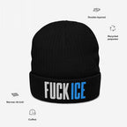Black FUCK ICE knit beanie hat, featuring bold 3D puff embroidery, crafted from recycled polyester with a double-layered, narrow rib knit and cuffed design, embodying bold activism.