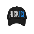 Black baseball-style cap with “FUCK ICE” in bold 3D puff embroidery; “FUCK” is white, “ICE” blue, capturing a reb