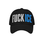 Black baseball-style cap with “FUCK ICE” in bold 3D puff embroidery; “FUCK” is white, “ICE” blue, capturing a reb