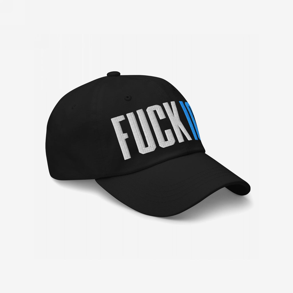Black Fuck ICE Hat with bold 3D puff embroidery, featuring FUCKIN in white and blue on the front. Perfect for making a statement against injustice, matching the store's socially conscious ethos.