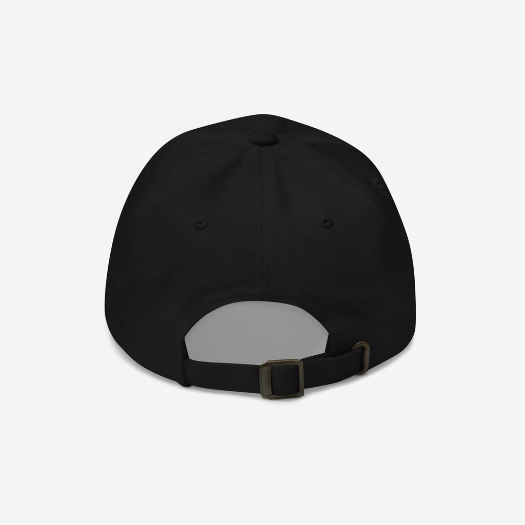 Back view of the Fuck ICE Hat, a plain black baseball cap featuring a six-panel design with stitched eyelets and an adjustable fabric strap secured by a small metal buckle.
