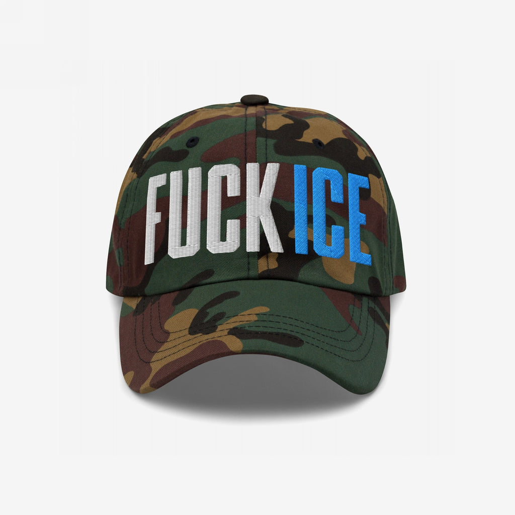 Camouflage-pattern Fuck ICE Hat with bold, 3D puff embroidery displaying FUCK in white and ICE in blue, embodying a statement against oppression and supporting equality.