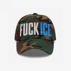 Camouflage-pattern Fuck ICE Hat with bold, 3D puff embroidery displaying FUCK in white and ICE in blue, embodying a statement against oppression and supporting equality.