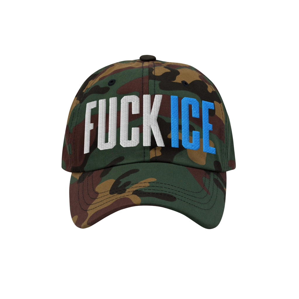 Camouflage-pattern Fuck ICE Hat with bold, 3D puff embroidery displaying FUCK in white and ICE in blue, embodying a statement