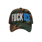 Camouflage-pattern Fuck ICE Hat with bold, 3D puff embroidery displaying FUCK in white and ICE in blue, embodying a statement
