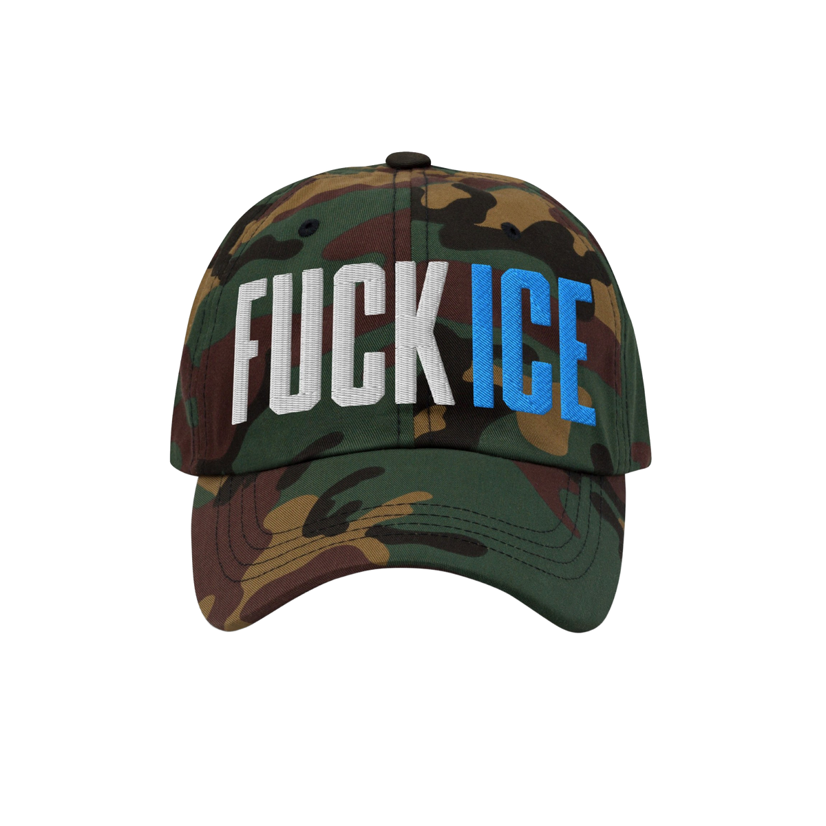 Camouflage-pattern Fuck ICE Hat with bold, 3D puff embroidery displaying FUCK in white and ICE in blue, embodying a statement