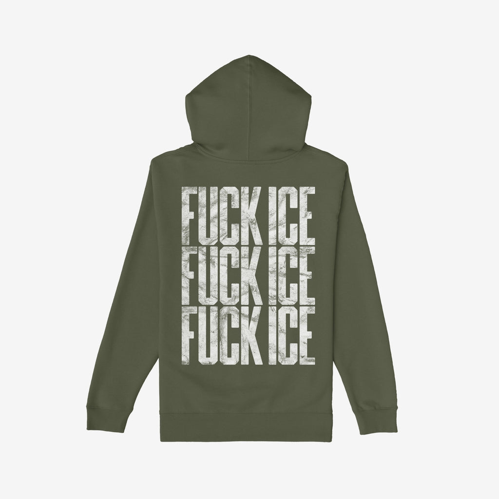 Back view of the Fuck ICE Hoodie featuring three stacked FUCK ICE. slogans in distressed white type, reflecting a bold statement for activism and resistance.