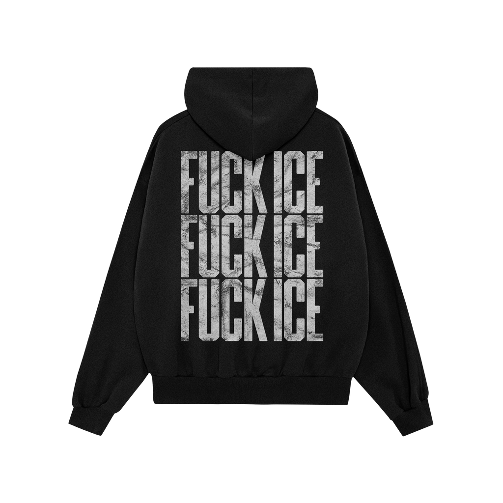 Black Fuck ICE Hoodie featuring the phrase in distressed white letters stacked thrice vertically on the back, embodying defia
