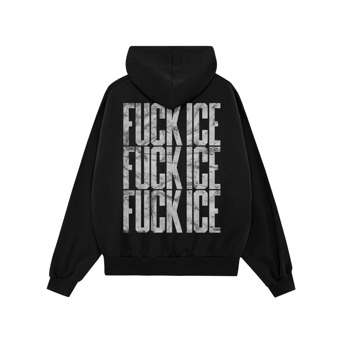 Black Fuck ICE Hoodie featuring the phrase in distressed white letters stacked thrice vertically on the back, embodying defia